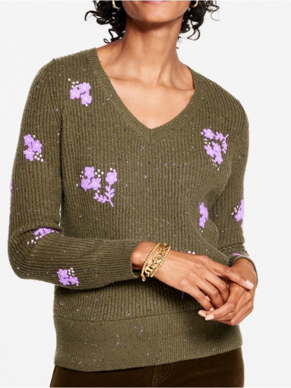 Talbots Olive V-Neck Sweater with Lavender Floral Embroidery small petite
